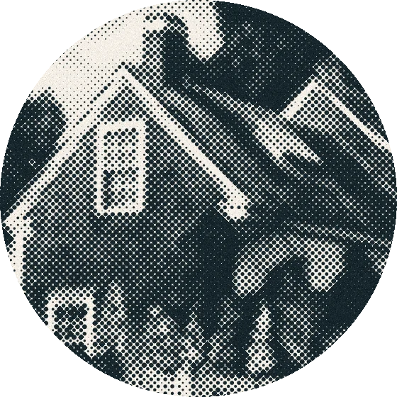 Halftone detail of an old postcard: the shingled oldest house in Provincetown, its gable window and chimney, in a circle