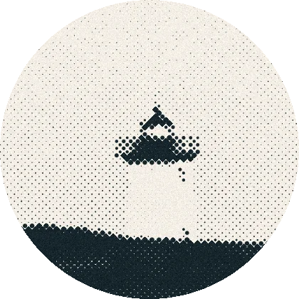 Halftone of a photograph: Long Point Lighthouse across the water, in a circle