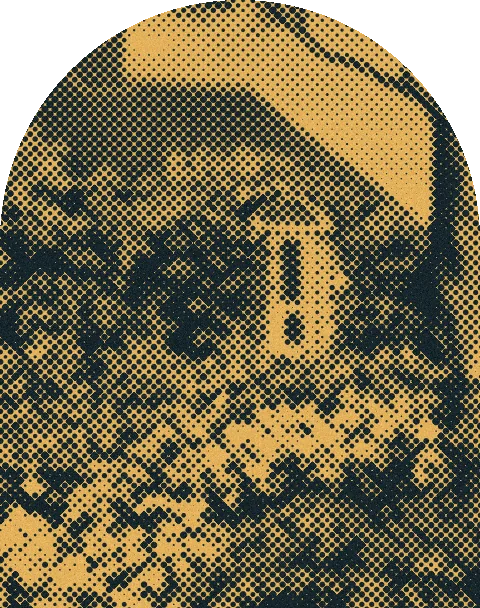 Halftone detail of an old postcard: a cottage door under climbing roses, in an arch on lamplight yellow