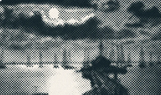 Halftone detail of an old postcard: the full moon over moored sailboats and the railroad wharf