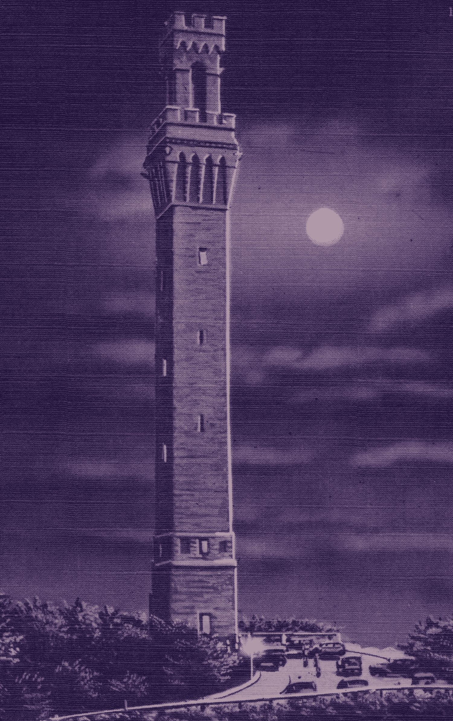 Postcard of the Pilgrim Monument in Provincetown at night under a full moon