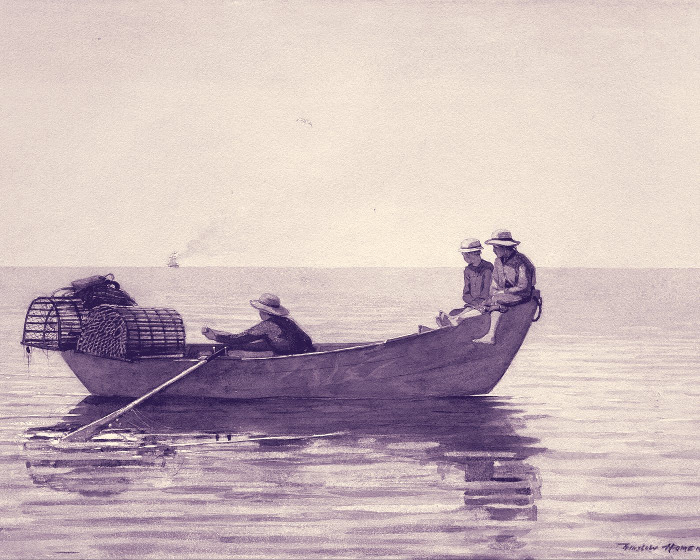 Watercolour of three boys in a flat-bottomed dory with lobster pots on a calm sea