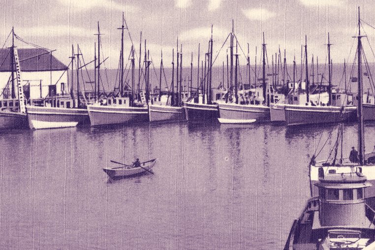 Linen postcard of the fishing fleet moored in Provincetown harbor, a rowing dory in the foreground