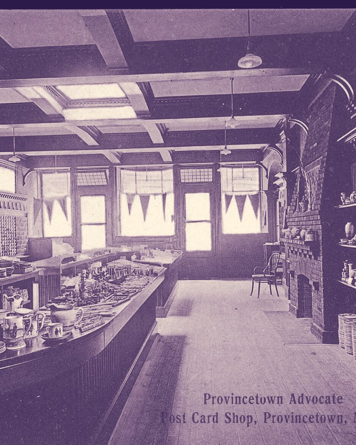Interior of the Provincetown Advocate post card shop around 1910, glass counters and a pressed-tin ceiling