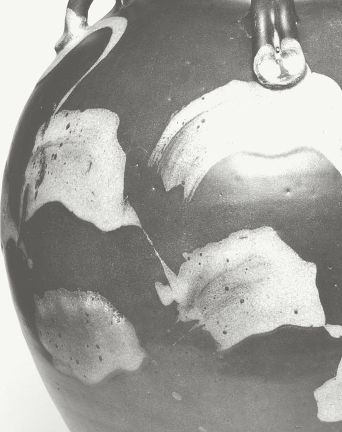 Close crop of the sample jar: pale splashes on dark glaze and one small lug