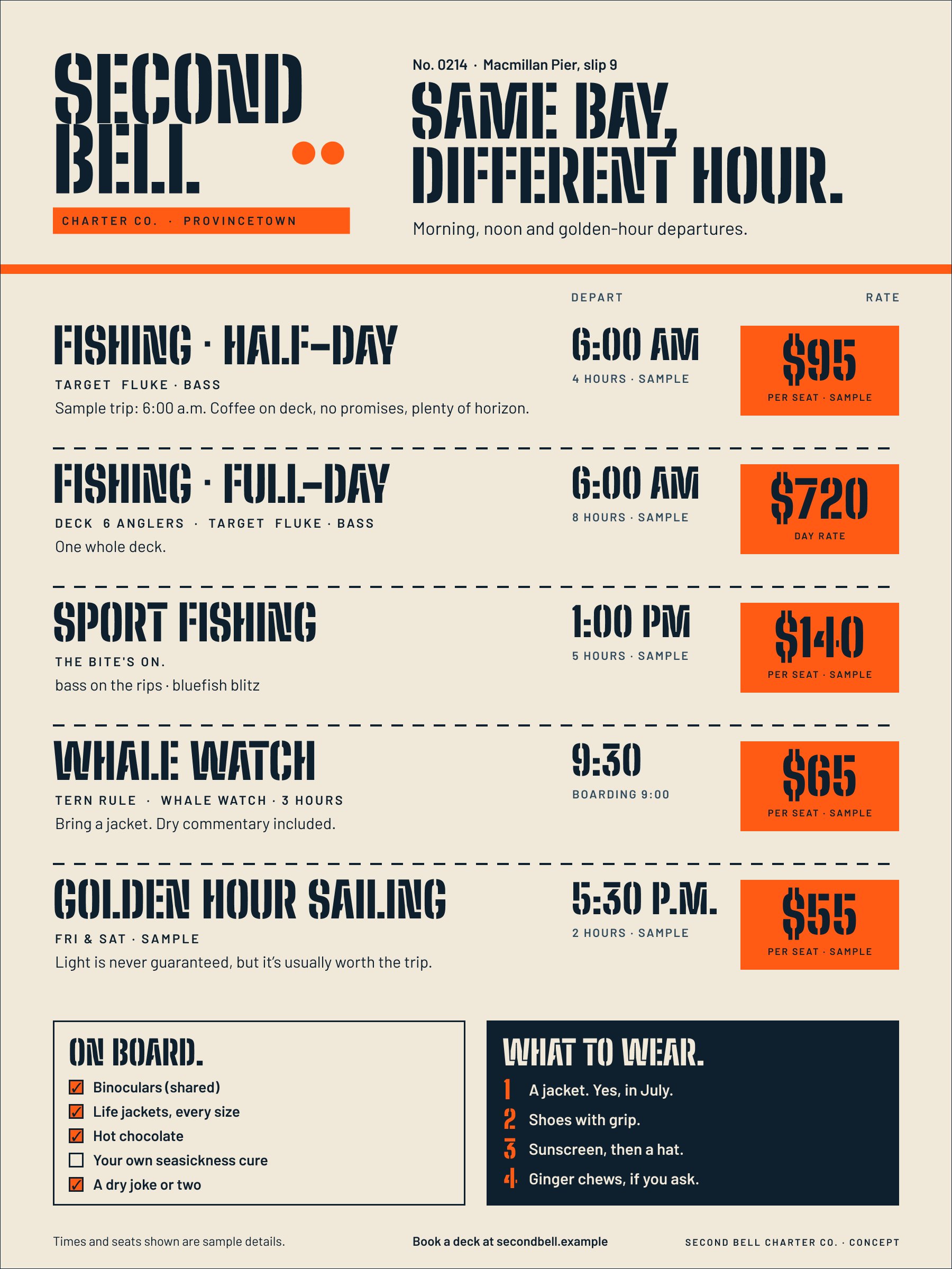 Second Bell departure board: fishing half-day, full-day, sport fishing, whale watch and golden hour sailing with times and rates