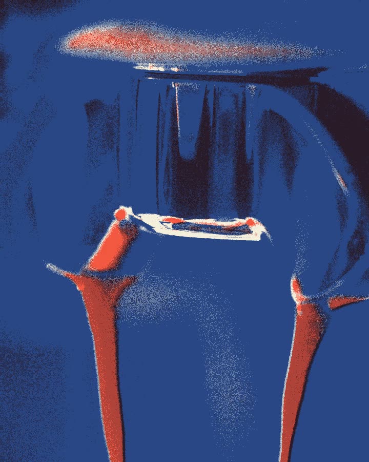 Espresso running from the portafilter, printed in Bay Blue and Buoy Red