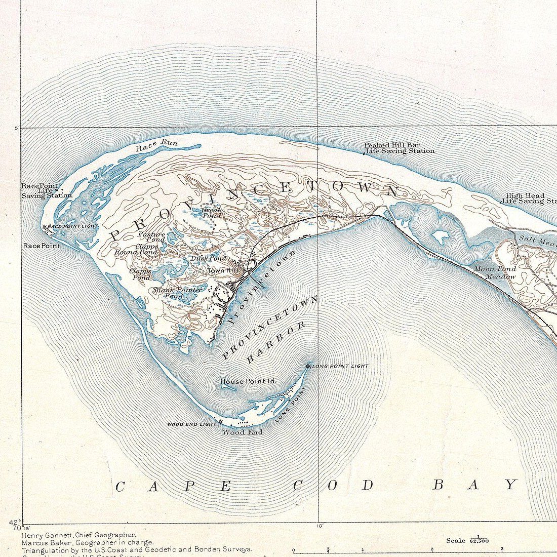 1889 U.S. Geological Survey map of Provincetown: the hook of the Cape, Race Point, Herring Cove and the harbour flats in blue