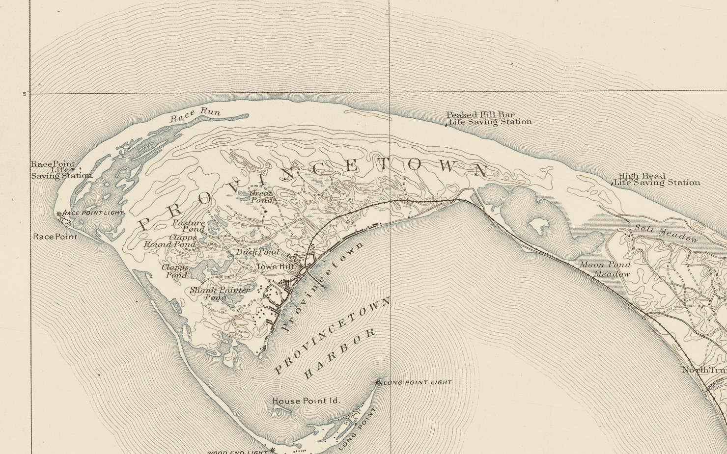 1900 U.S. Geological Survey sheet of Provincetown: the curl of the Province Lands, Race Point and the Peaked Hill Bar life-saving station