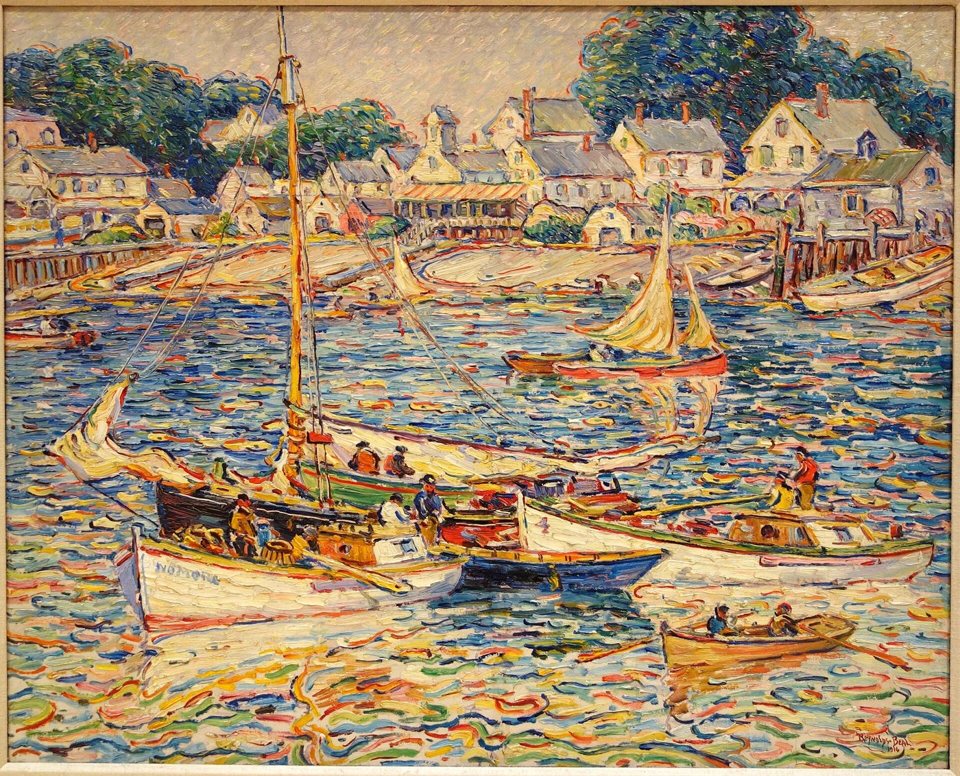 Painting: sailboats and dories on a choppy harbour in front of Provincetown houses, in broken strokes of colour.