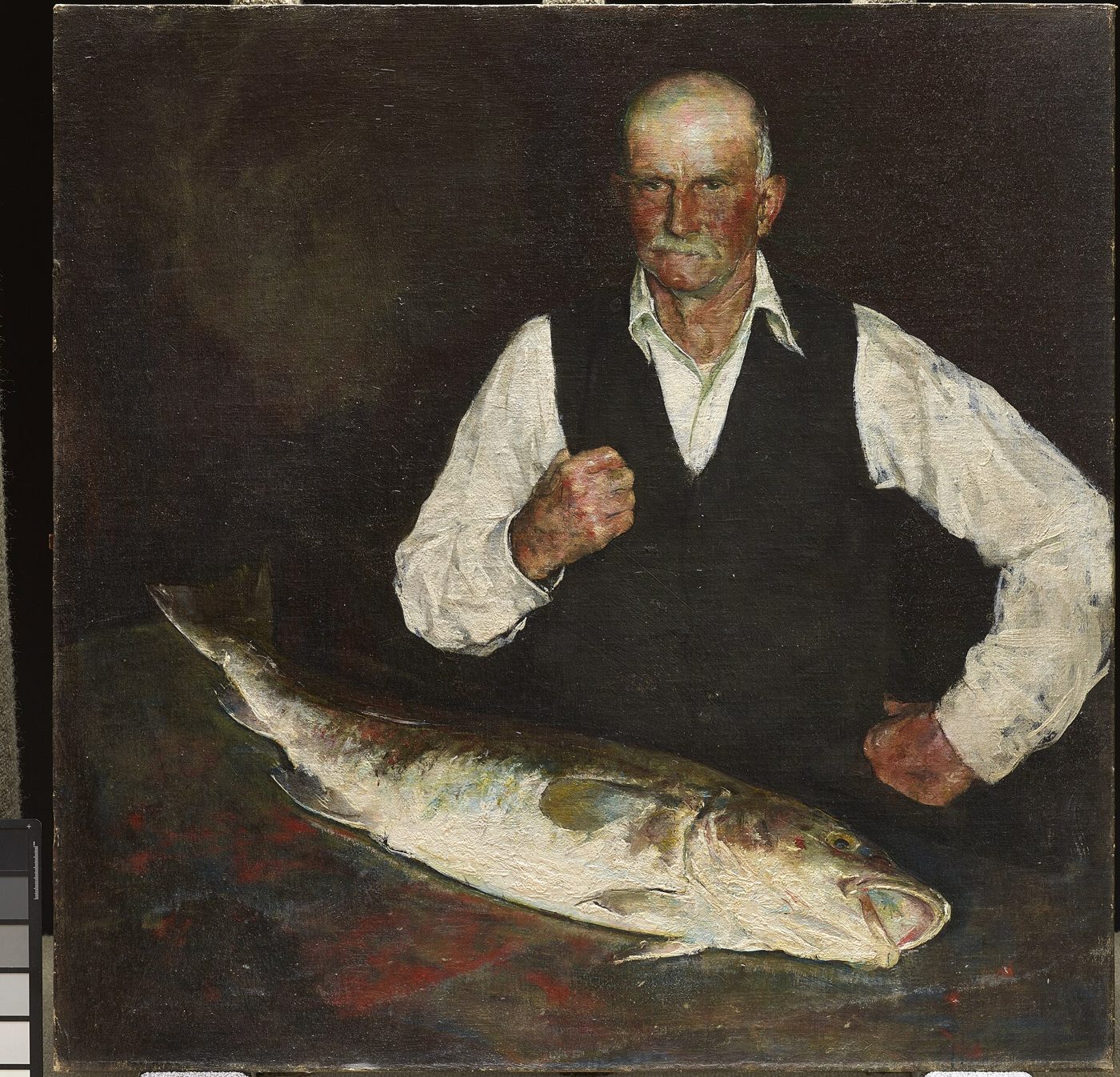 Painting: a fisherman holding a large fish.