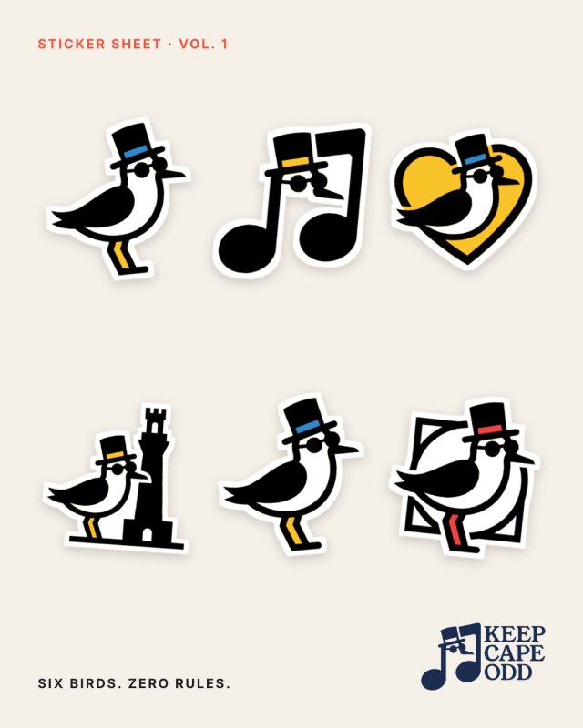 Keep Cape Odd sticker sheet: six versions of the dapper bird.