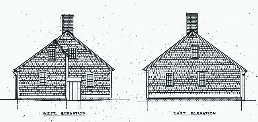 Measured drawing, west and east gable ends of a full Cape, shingled, chimney at the ridge.
