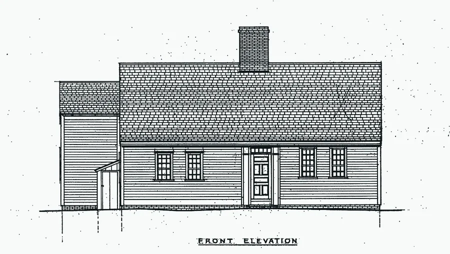 Measured drawing, front elevation of a full Cape: centre chimney, door in the middle, two windows each side.