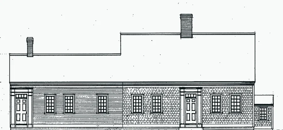 Measured drawing, long elevation of a double house with a lower wing and two front doors.