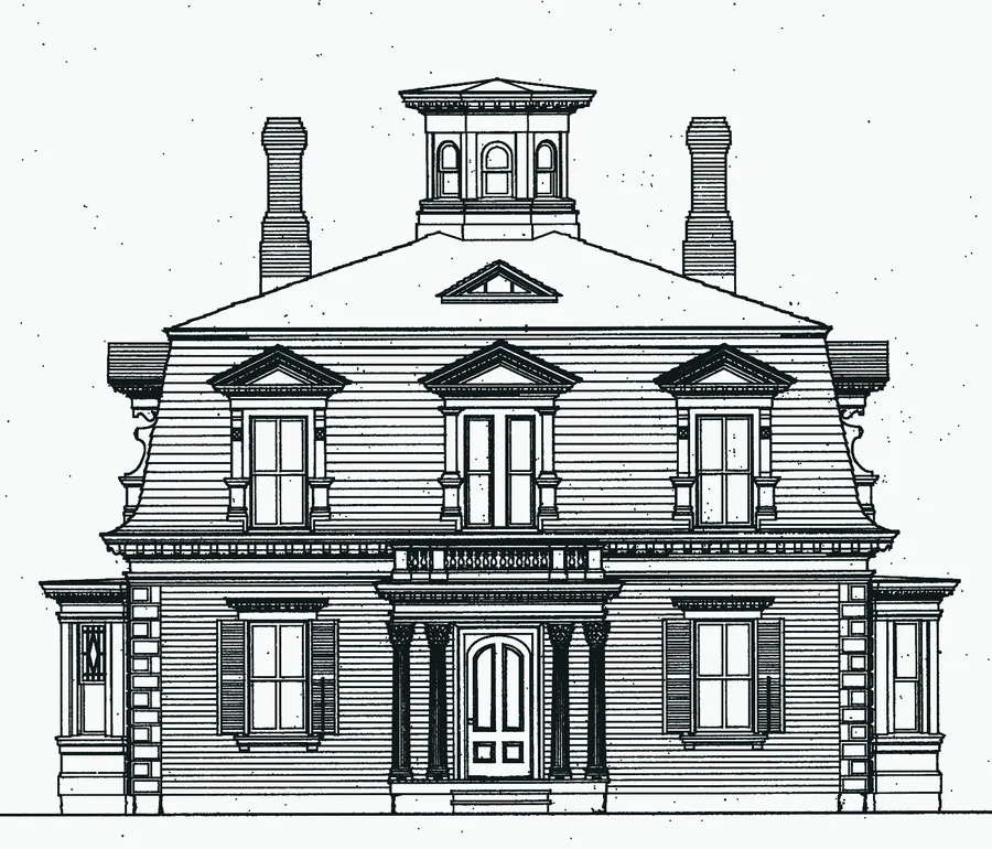 Measured drawing, west elevation of a mansard-roofed captain's house with a cupola and two chimneys.