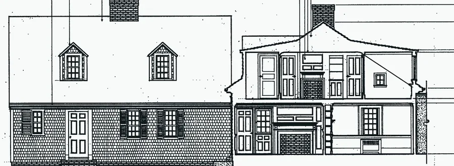 Measured drawing: a Cape with two dormers joined to a second house, shown in section.