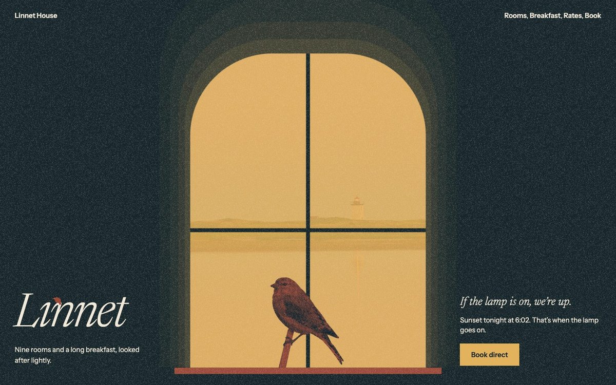 Linnet House landing page: a lit arch window at dusk