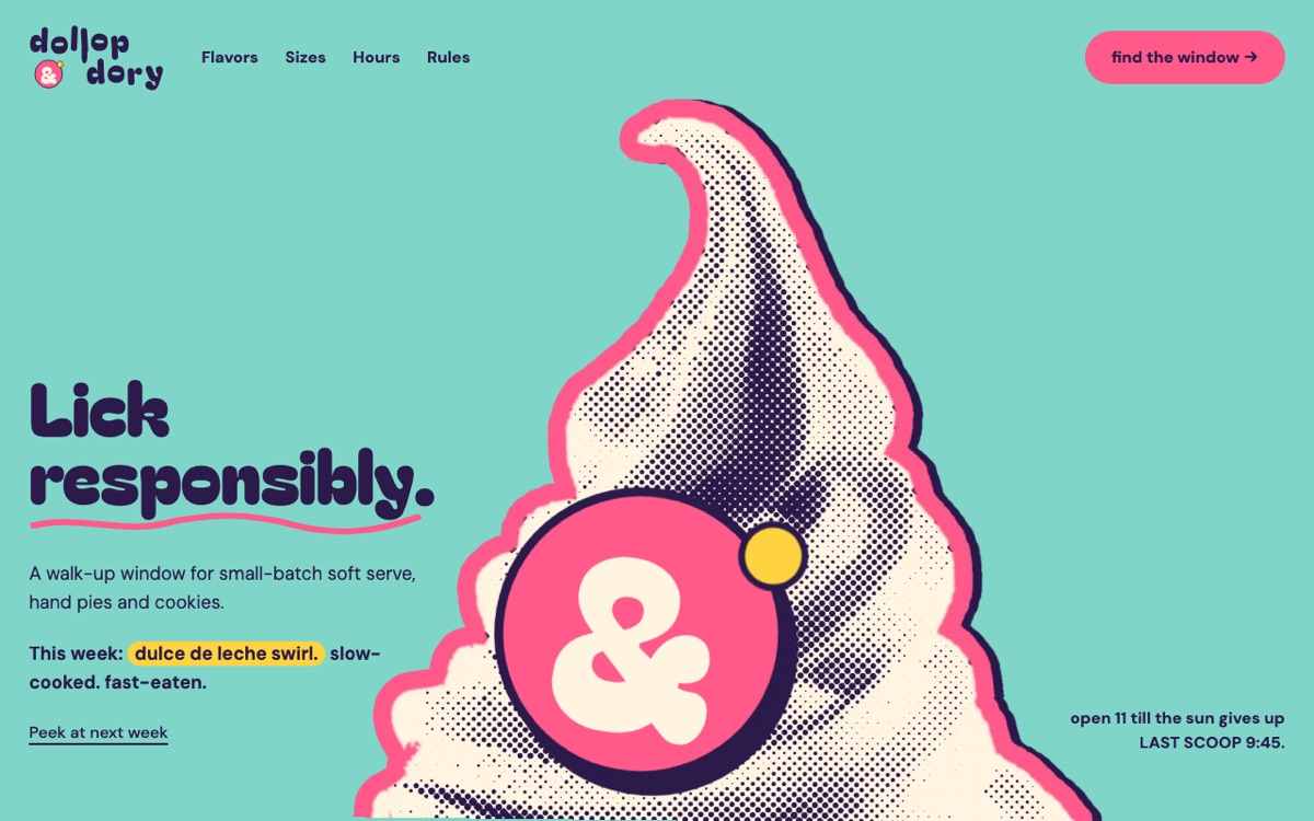 Dollop and Dory landing page: a cream pour on deep purple