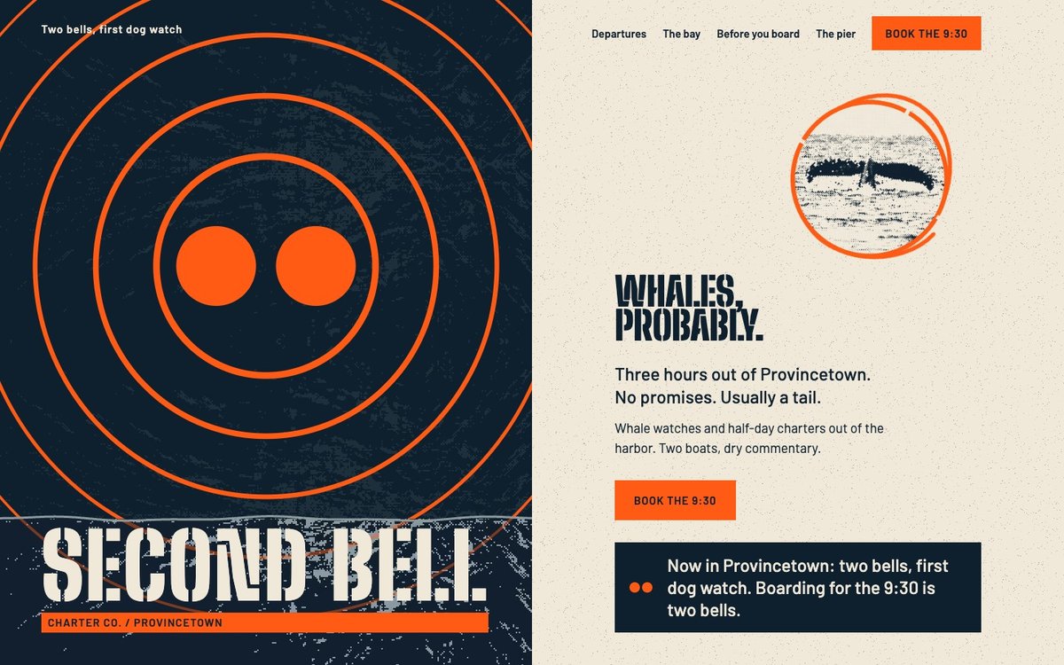 Second Bell landing page: orange rings and two dots over a 1-bit sea