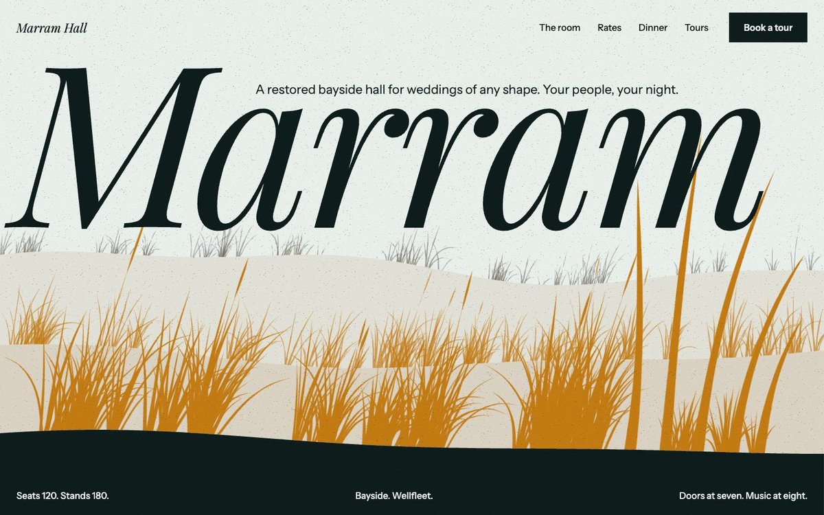 Marram Hall landing page: the name above a field of drawn dune grass