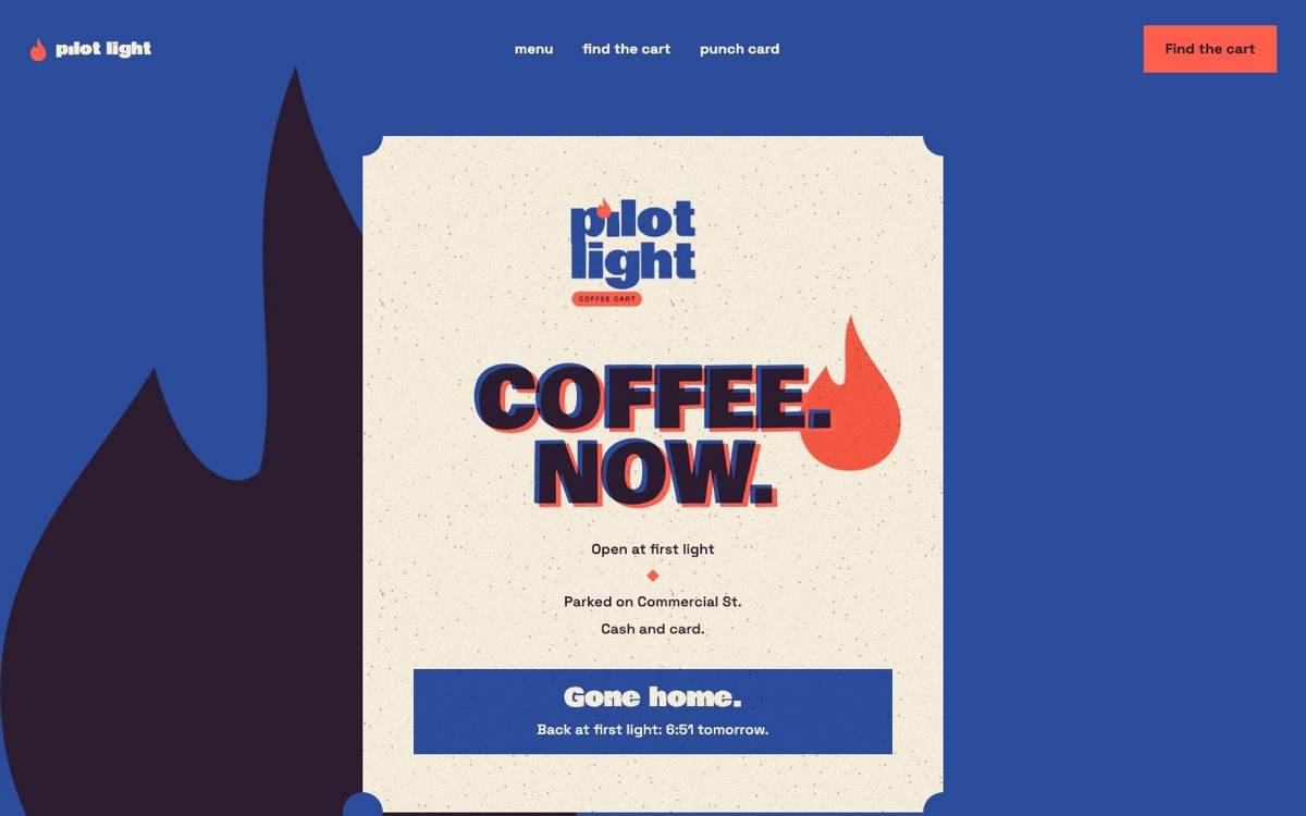 Pilot Light landing page: a riso-printed menu board and a giant flame