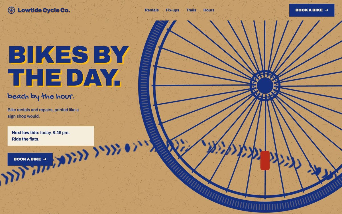 Lowtide landing page: a giant blue bicycle wheel on kraft