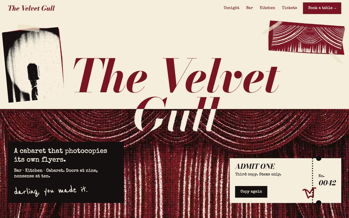 The Velvet Gull landing page: the wordmark photocopied across a curtain