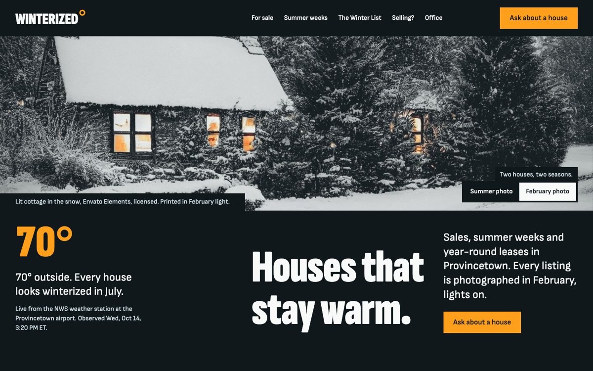 Winterized landing page: a grey snowy cottage whose lit windows are the only colour